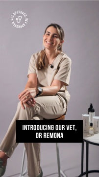 Dr Remona, Harlow Harry's vet advisor, seated beside conditioning dog shampoo and pet cologne products — vet approved grooming for dogs
