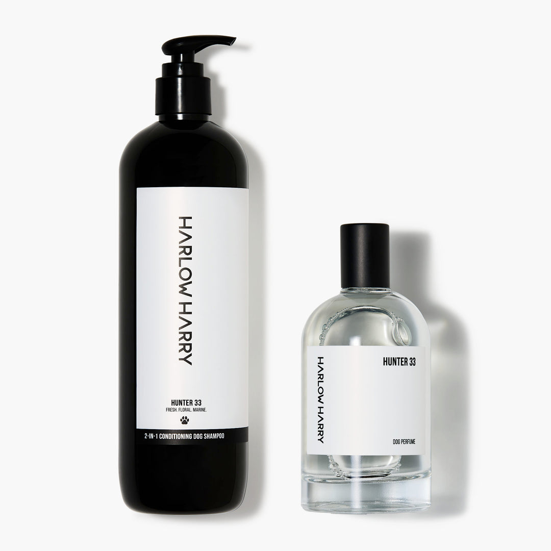 Hunter 33 pet cologne and dog shampoo set displayed together. Vet approved dog grooming products - 100ml
