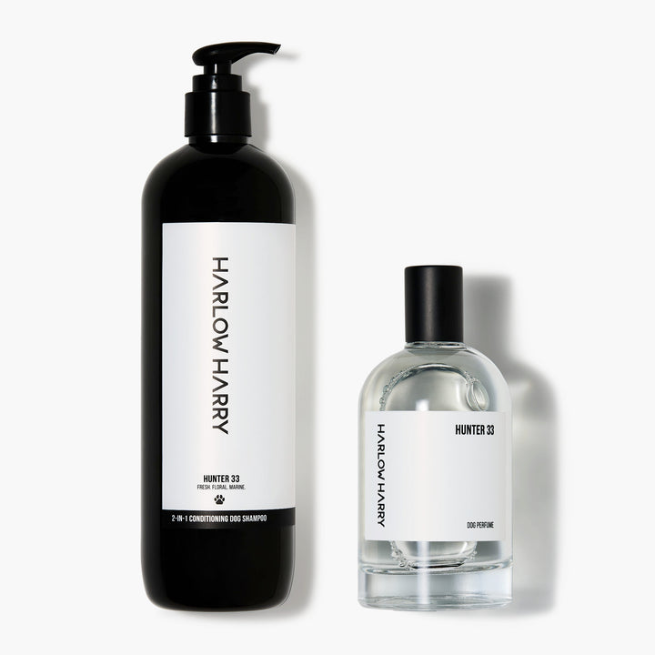 Hunter 33 pet cologne and dog shampoo set displayed together. Vet approved dog grooming products - 100ml