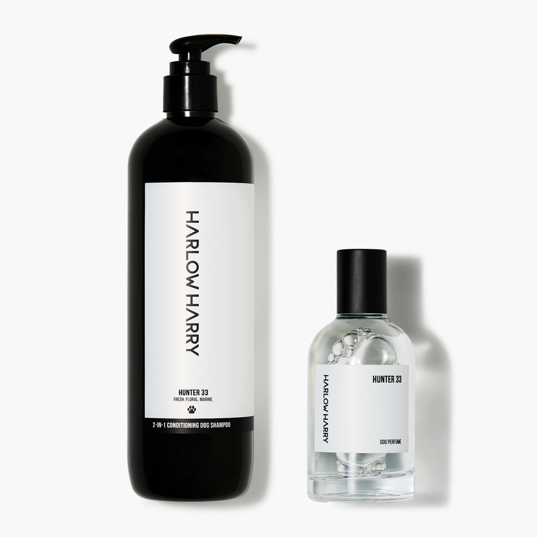Hunter 33 pet cologne and dog shampoo set displayed together. Vet approved dog grooming products - 50ml