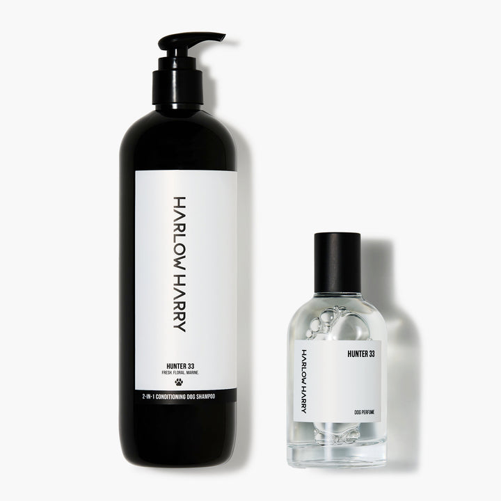 Hunter 33 pet cologne and dog shampoo set displayed together. Vet approved dog grooming products - 50ml