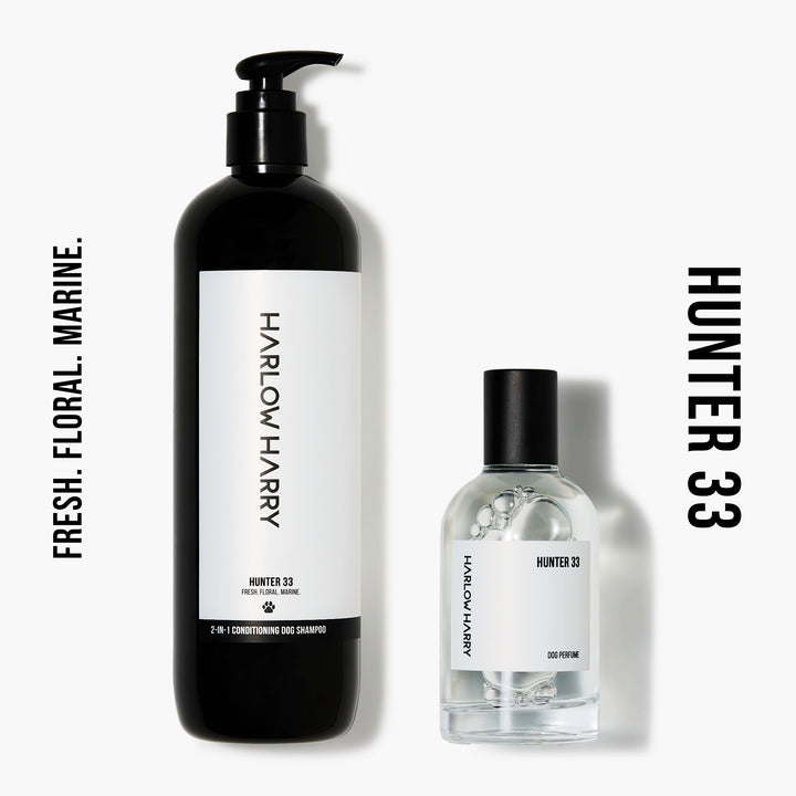 Harlow Harry Hunter 33 dog grooming set with conditioning dog shampoo and pet cologne for a complete luxury grooming routine
