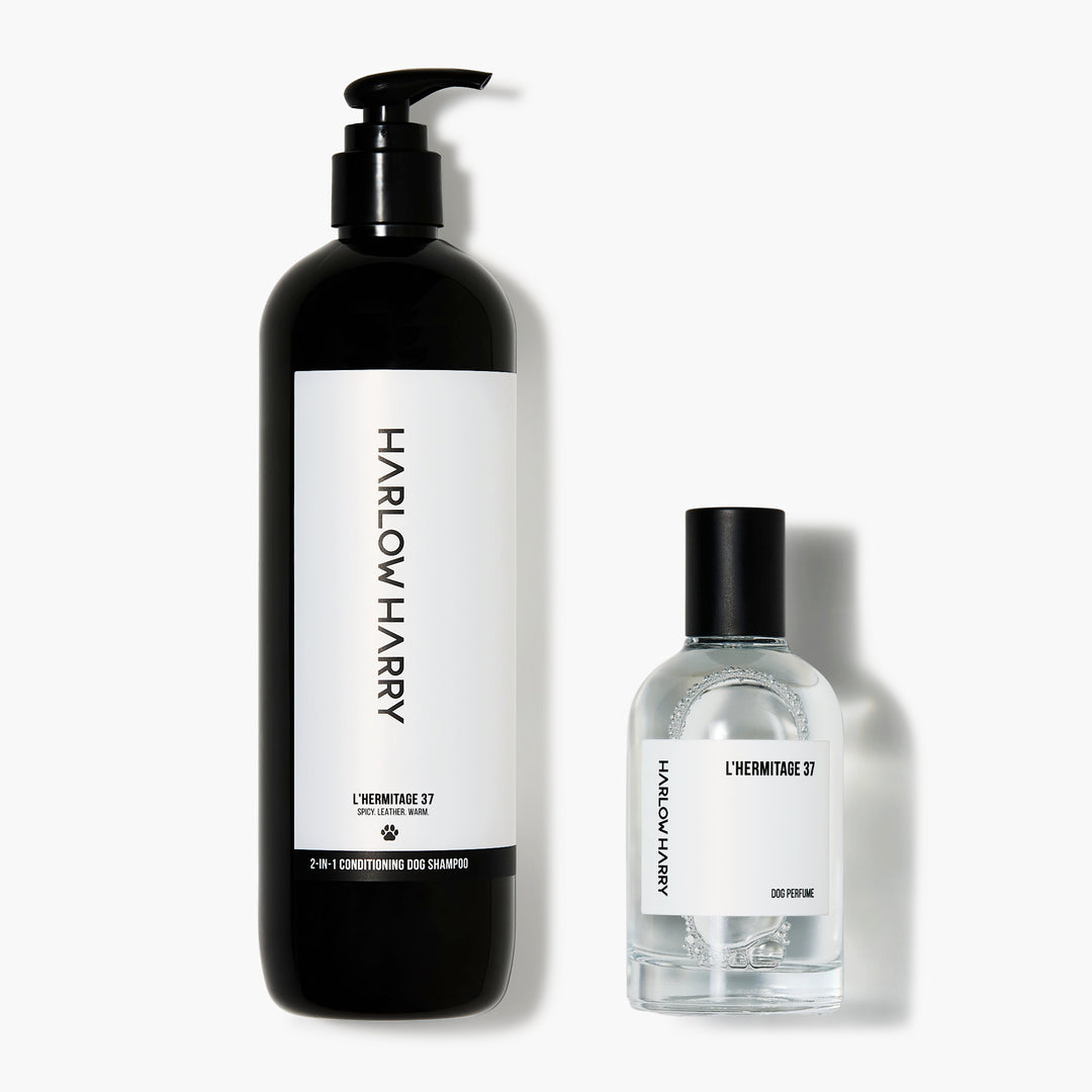 Dog perfume & dog shampoo bundle in L'hermitage 37 scent offering premium dog fragrances and pet cologne in one set by Harlow Harry
