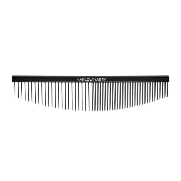 Curved dog comb for undercoat care and fluffing the face.
