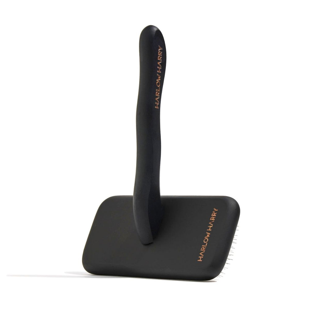 Black professional slicker brush for dog grooming, perfect for fluffy coats.