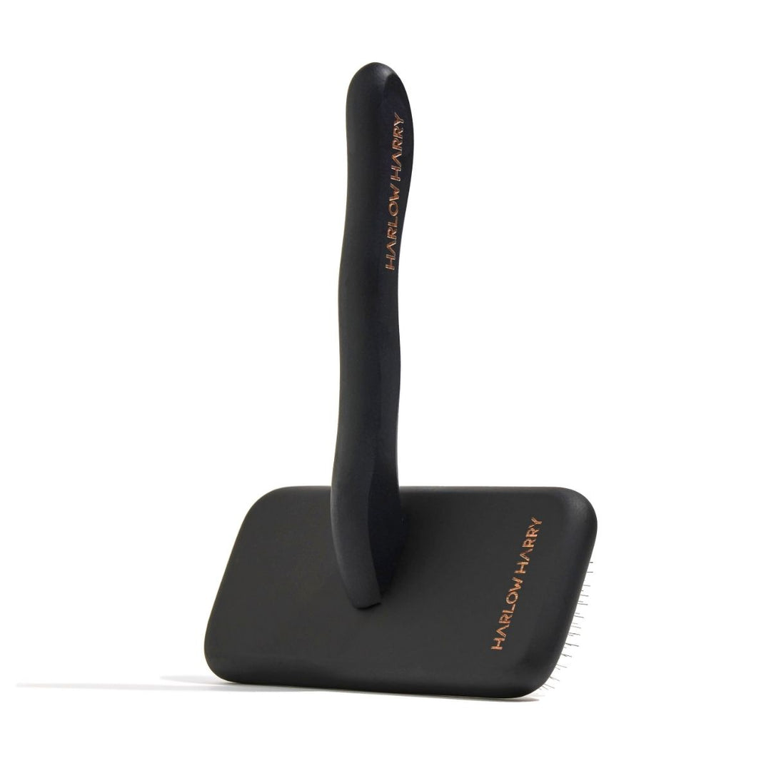 Black professional slicker brush for dog grooming, perfect for fluffy coats.