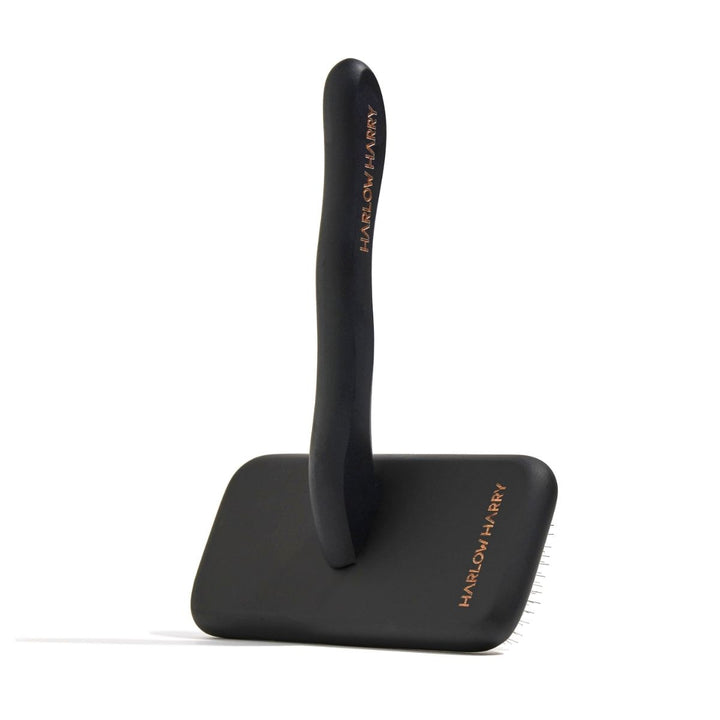 Black professional slicker brush for dog grooming, perfect for fluffy coats.