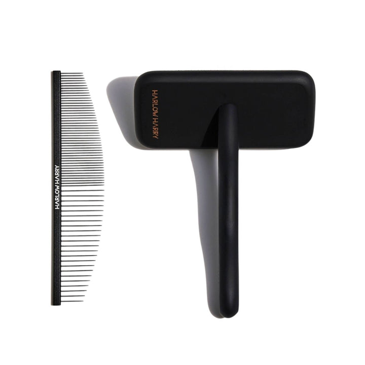 Professional slicker brush and dog comb set for at-home grooming.