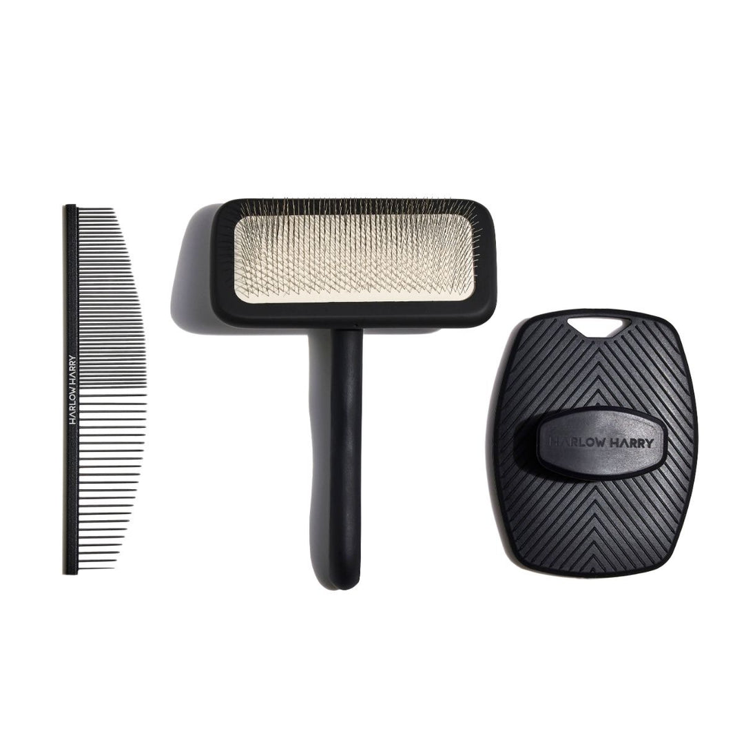 Complete dog grooming bundle with slicker brush, comb, and bathing brush.